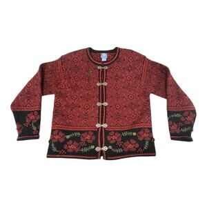 Vintage Frost Nordic Fair Isle Wool Metal Clasps M Red Floral Cardigan Sweater
